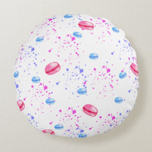 Appetizing macarons in watercolor splatters round pillow