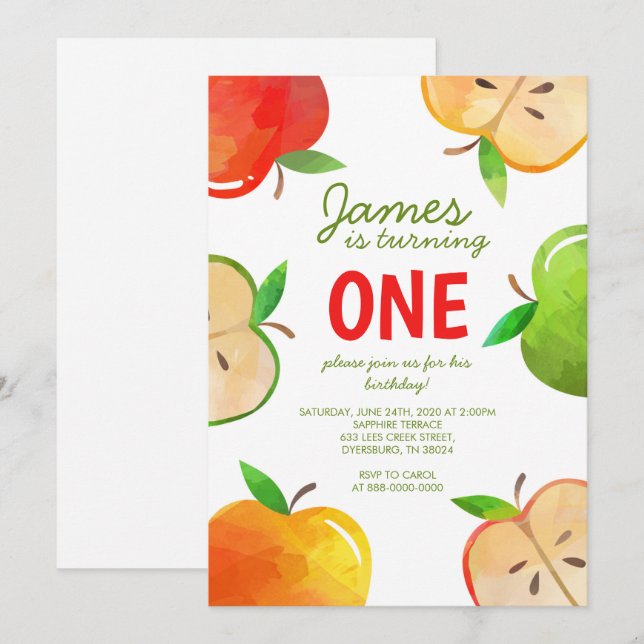 Apple 1st Birthday Bushel Of Fun Birthday Invitation (Front/Back)