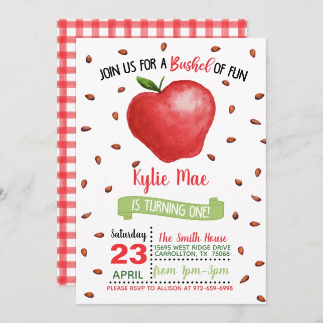 Apple 1st Birthday Invitation - Bushel of Fun (Front/Back)