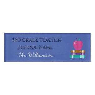 Apple and Book Teacher Blue Name Tag