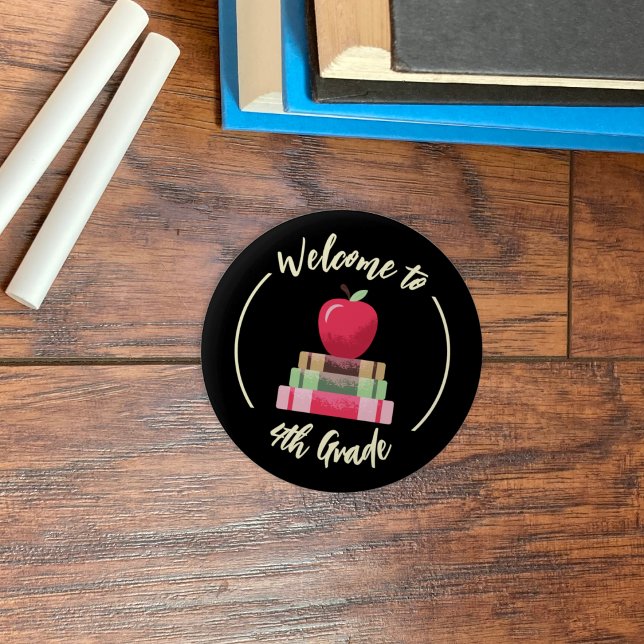 Apple and Books Chalkboard Back-to-School Button (Red apple and books back to school faux chalkboard round button .)