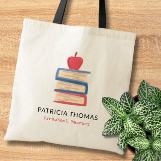 Apple And Books Custom Preschool Teacher Name Tote Bag