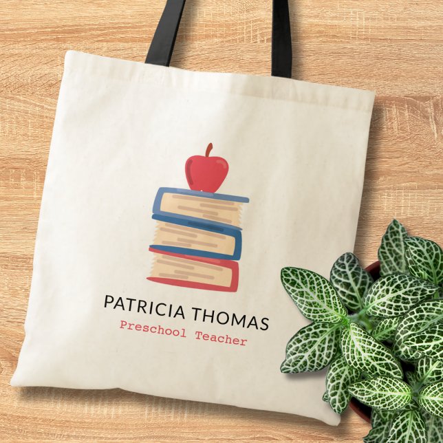 Apple And Books Custom Preschool Teacher Name Tote Bag (Creator Uploaded)