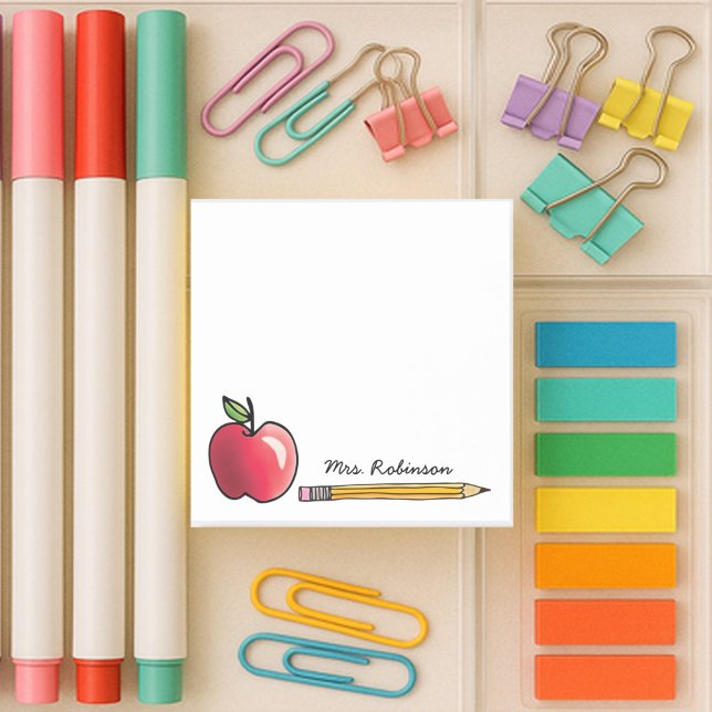 Apple and Pencil Personalized Teacher 3 x 3 Post-it Notes (4x6 white sticky note with apple and pencil with custom name for your teacher)