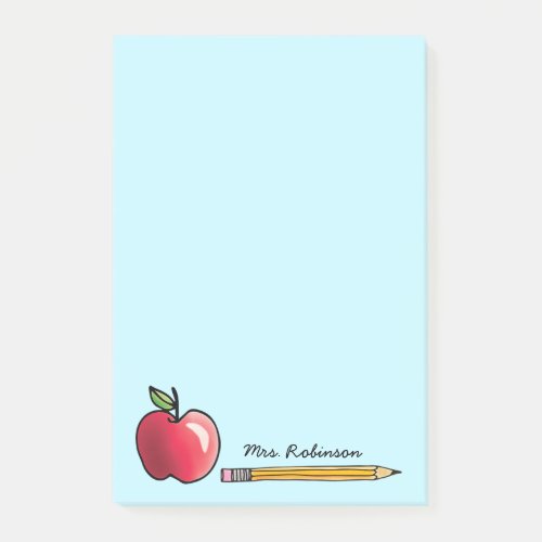 Apple and Pencil Personalized Teacher Aqua 4 x 6 Post_it Notes