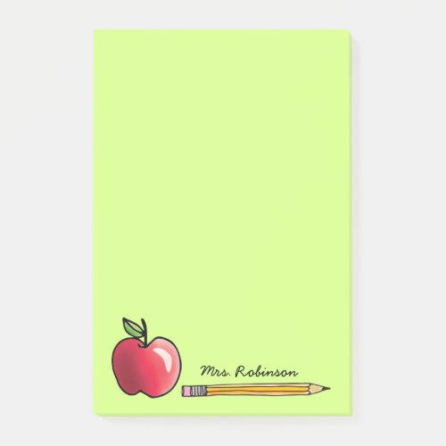 Apple and Pencil Personalized Teacher Green 4 x 6 Post_it Notes