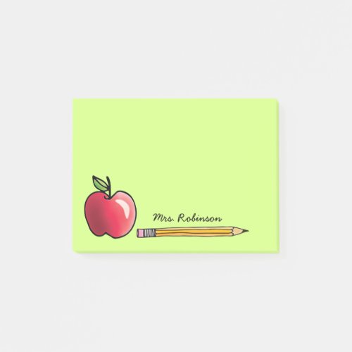 Apple and Pencil Personalized Teacher Green 4x3 Post_it Notes