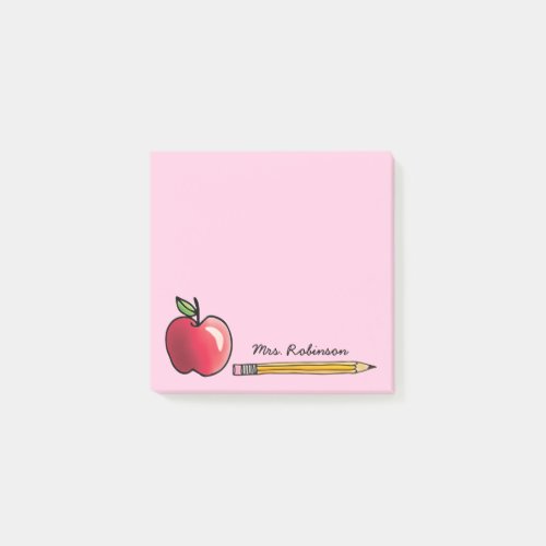 Apple and Pencil Personalized Teacher Pink 3 x 3 Post_it Notes