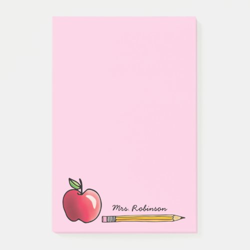 Apple and Pencil Personalized Teacher Pink 4 x 6 Post_it Notes