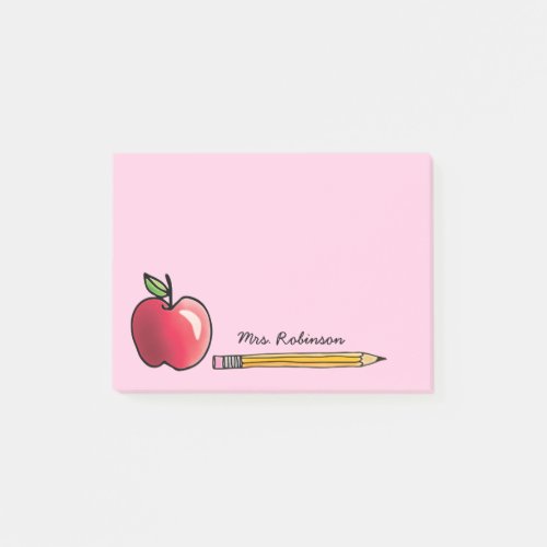 Apple and Pencil Personalized Teacher Pink 4x3 Post_it Notes