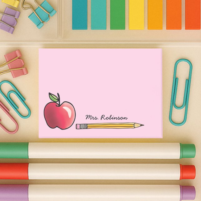 Apple and Pencil Personalized Teacher Pink 4x3 Post-it Notes (4x3 sticky notes for teachers with a cute apple and pencil on with custom name on a pink background)