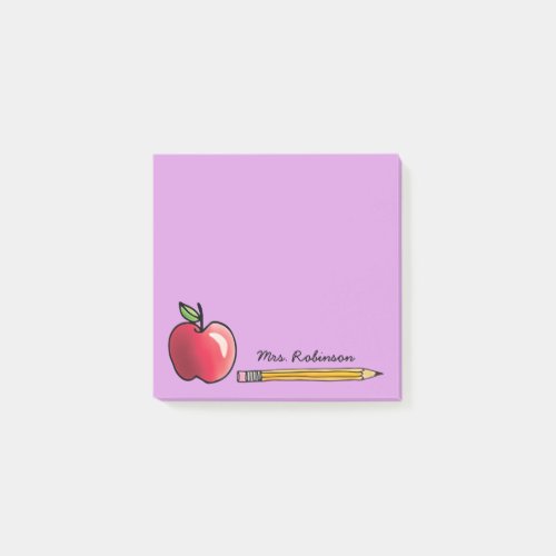 Apple and Pencil Personalized Teacher Purple 3 x 3 Post_it Notes