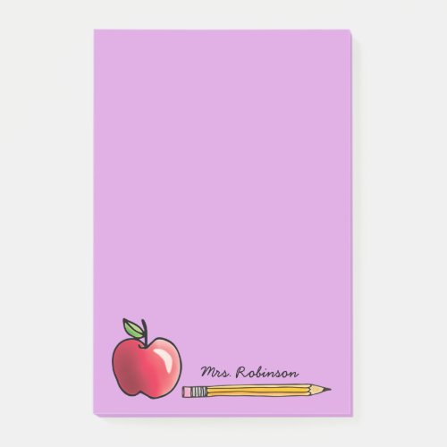 Apple and Pencil Personalized Teacher Purple 4 x 6 Post_it Notes