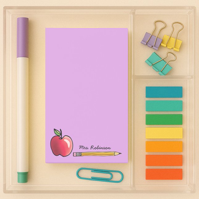 Apple and Pencil Personalized Teacher Purple 4 x 6 Post-it Notes (4x6 Teacher sticky notes with an apple, pencil, and custom name on a purple background)