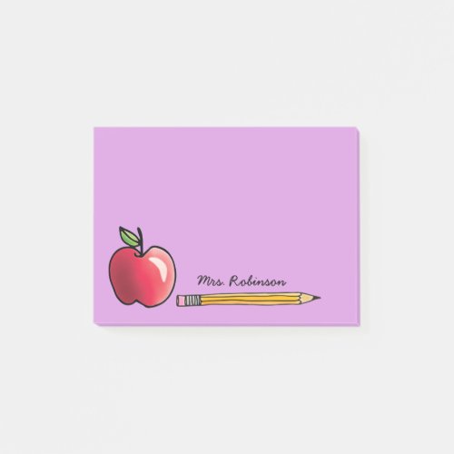 Apple and Pencil Personalized Teacher Purple 4x3 Post_it Notes