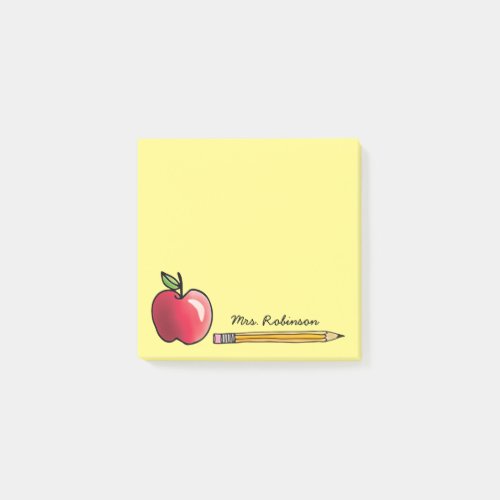 Apple and Pencil Personalized Teacher Yellow 3 x 3 Post_it Notes