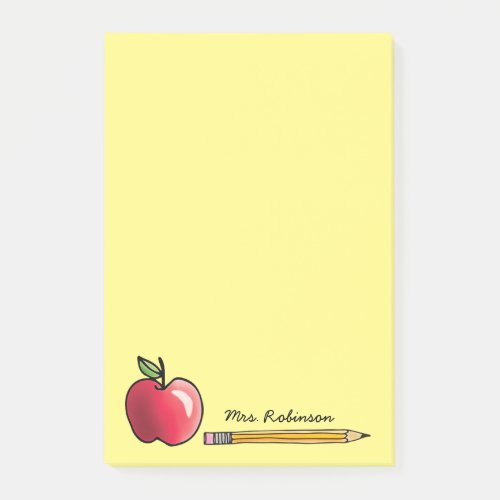 Apple and Pencil Personalized Teacher Yellow 4 x 6 Post_it Notes