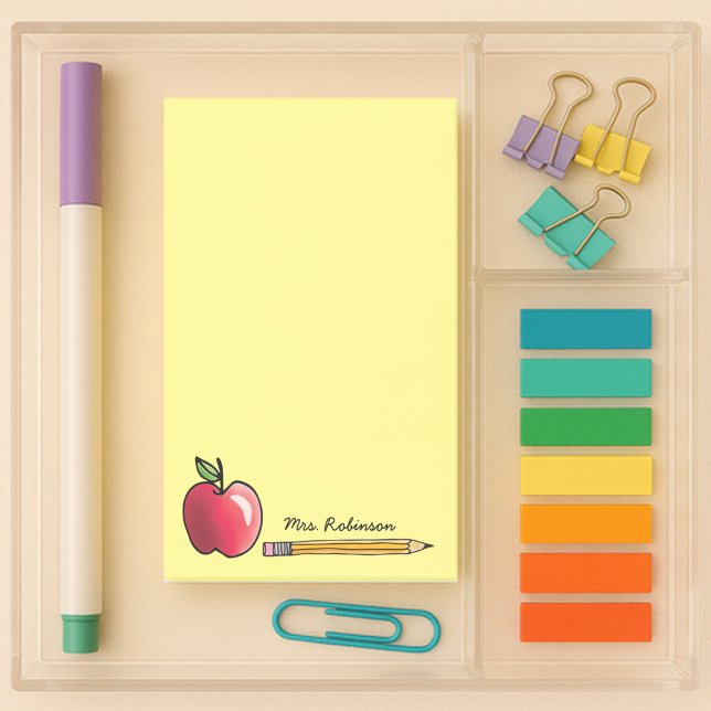 Apple and Pencil Personalized Teacher Yellow 4 x 6 Post-it Notes (4x6 sticky notes with an apple and pencil on yellow background with a teachers name to customize
)