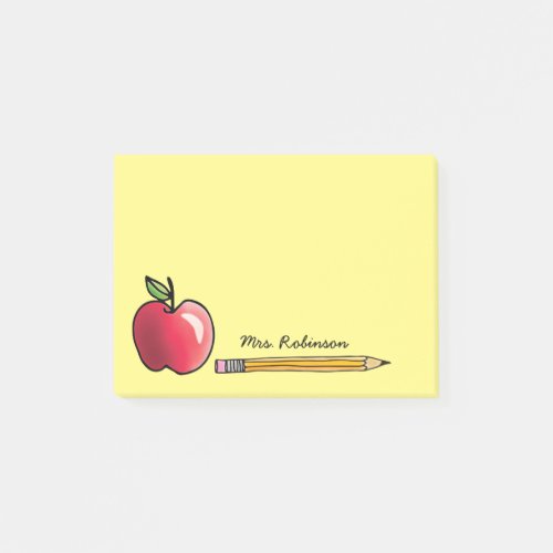 Apple and Pencil Personalized Teacher Yellow 4x3 Post_it Notes