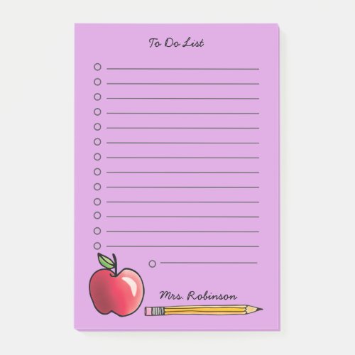 Apple and Pencil Teacher To Do List  Purple 4 x 6 Post_it Notes