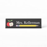 Apple and Pencil Teacher's Name Black Desk Name Plate