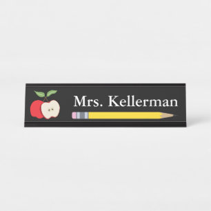 Apple and Pencil Teacher's Name Black Desk Name Plate