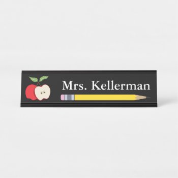 Apple And Pencil Teacher's Name Black Desk Name Plate by ilovedigis at Zazzle