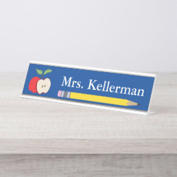 Apple and Pencil Teacher&#39;s Name Blue Desk Name Plate