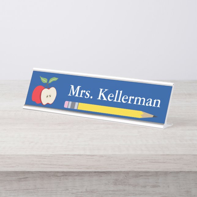 Apple and Pencil Teacher's Name Blue Desk Name Plate (Front)