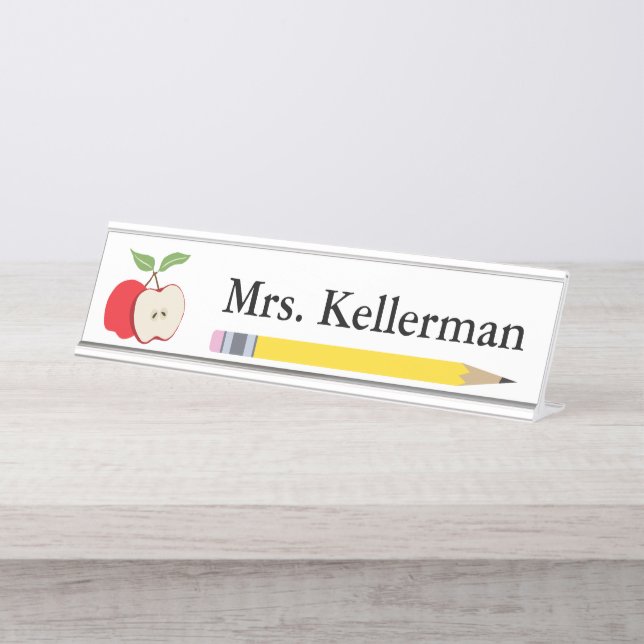 Apple and Pencil Teacher's Name Desk Name Plate (Front)