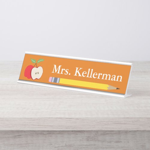 Apple and Pencil Teachers Name Orange Desk Name Plate