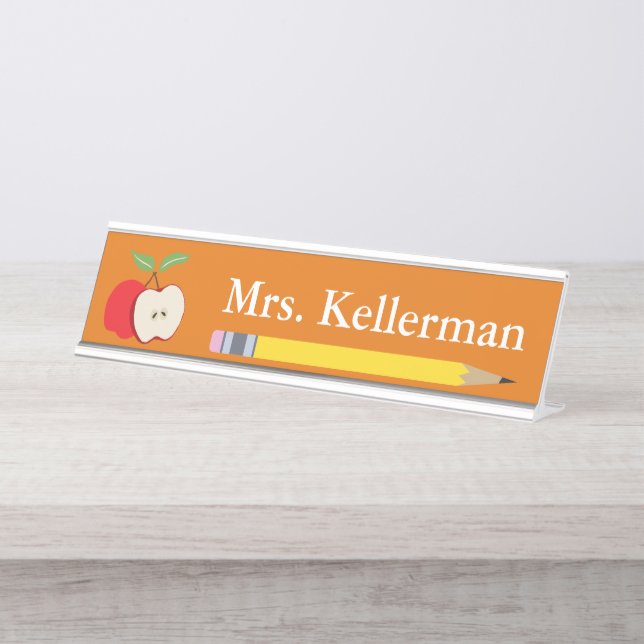 Apple and Pencil Teacher's Name Orange Desk Name Plate (Front)