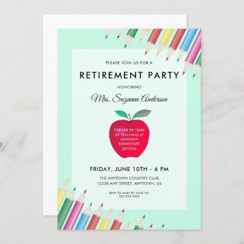 Apple and Pencils  Teacher Retirement Party Invitation