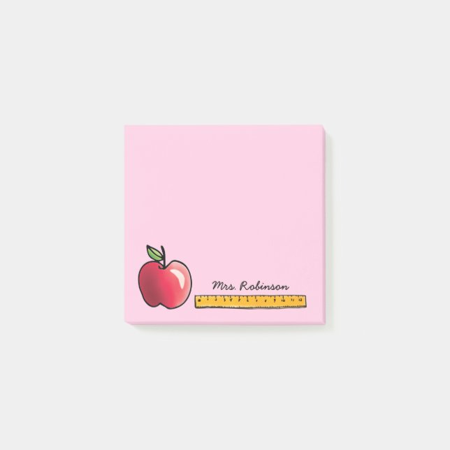 Apple and Ruler Personalized Teacher Pink 3 x 3 Post-it Notes (Front)