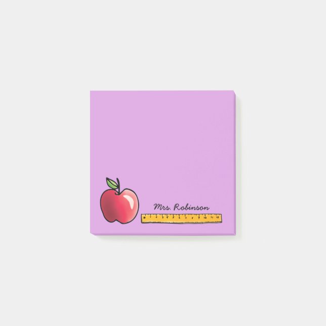 Apple and Ruler Personalized Teacher Purple 3 x 3 Post-it Notes (Front)