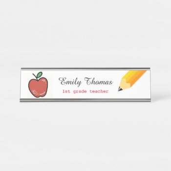 Apple And Yellow Pencil  School Teacher Classroom Desk Name Plate by semas87 at Zazzle