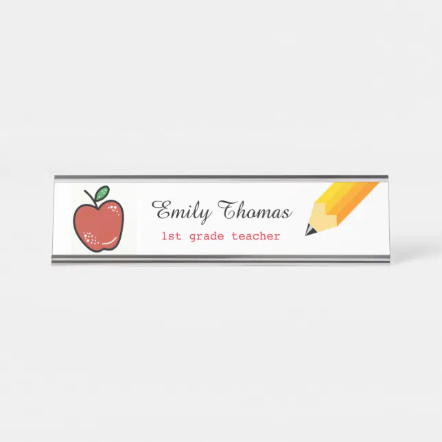 Apple And Yellow Pencil School Teacher Classroom Desk Name Plate | Zazzle