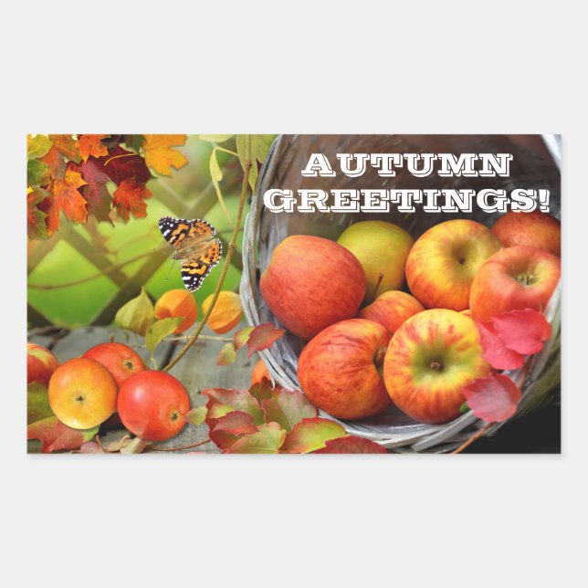 Apple Basket Autumn Greetings Rectangular Sticker (Front)