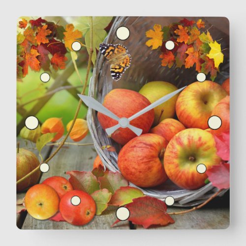 Apple Basket Autumn Scene Square Wall Clock