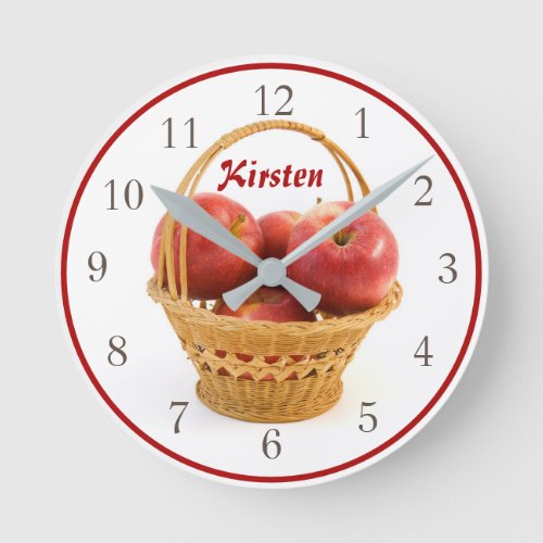 Apple Basket Custom Name Red Border Round Clock