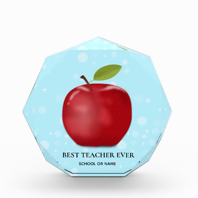 Apple & Best Teacher Ever Text on Light Blue Acrylic Award (Front)