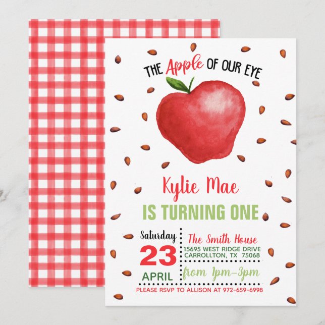 Apple Birthday Invitation - Apple of Our Eye (Front/Back)