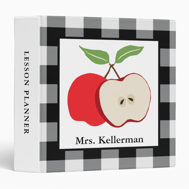 Apple Black and White Buffalo Check Teacher Name 3 Ring Binder (Front/Spine)