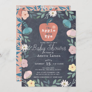 Apple Black Chalkboard Floral Pink Baby Shower Invitation