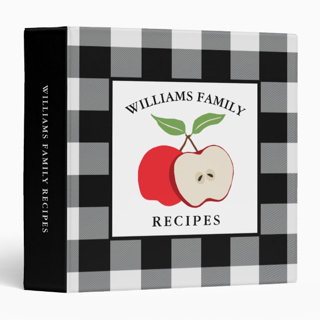 Apple Black White Buffalo Plaid Family Name Recipe 3 Ring Binder (Front/Spine)