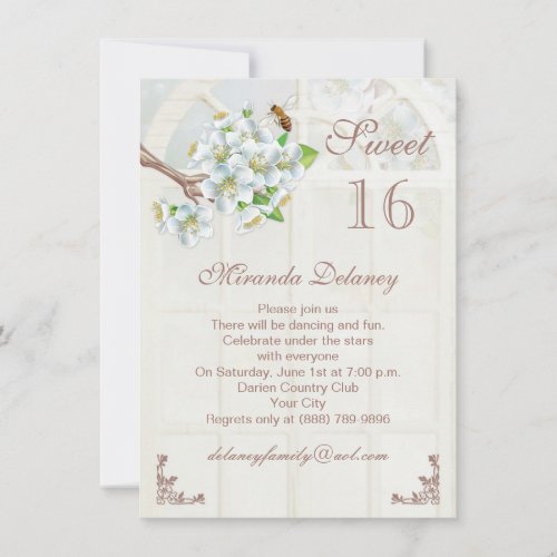 Apple blossom and bee Sweet 16 Invitation