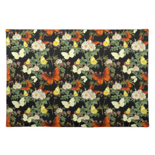 Apple blossom and Butterflies Black Background Cloth Placemat