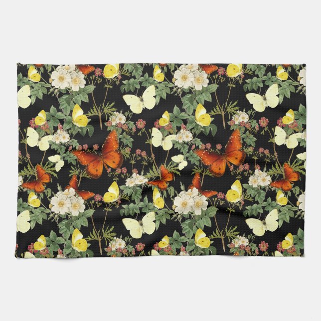 Apple blossom and Butterflies Black Background Kitchen Towel (Horizontal)