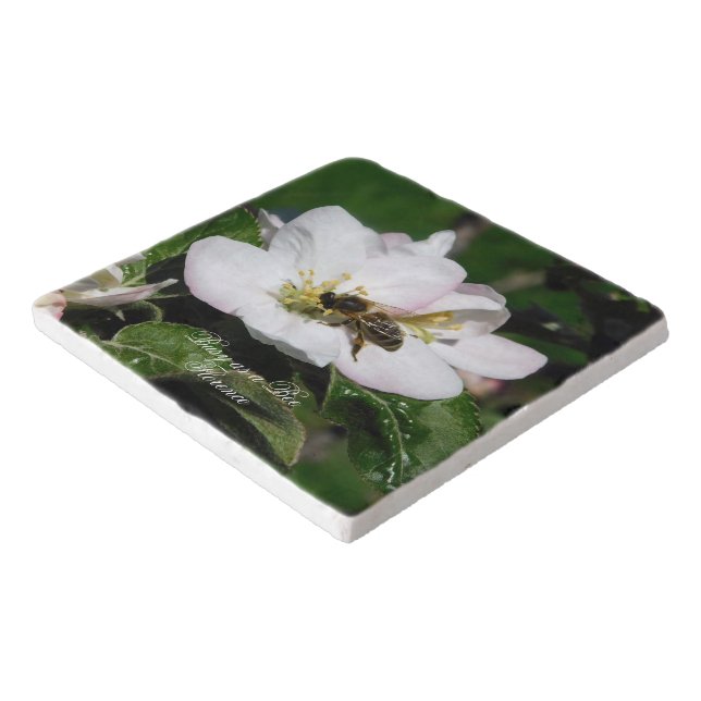 Apple Blossom & Bee Macro Photo | Ceramic Trivet (Corner)