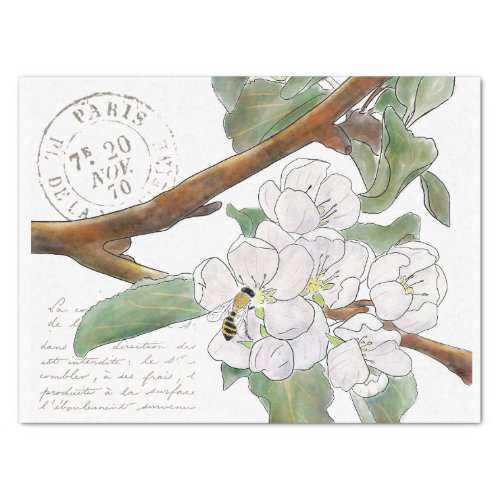 Apple Blossom Branch Bee French Script Decoupage   Tissue Paper